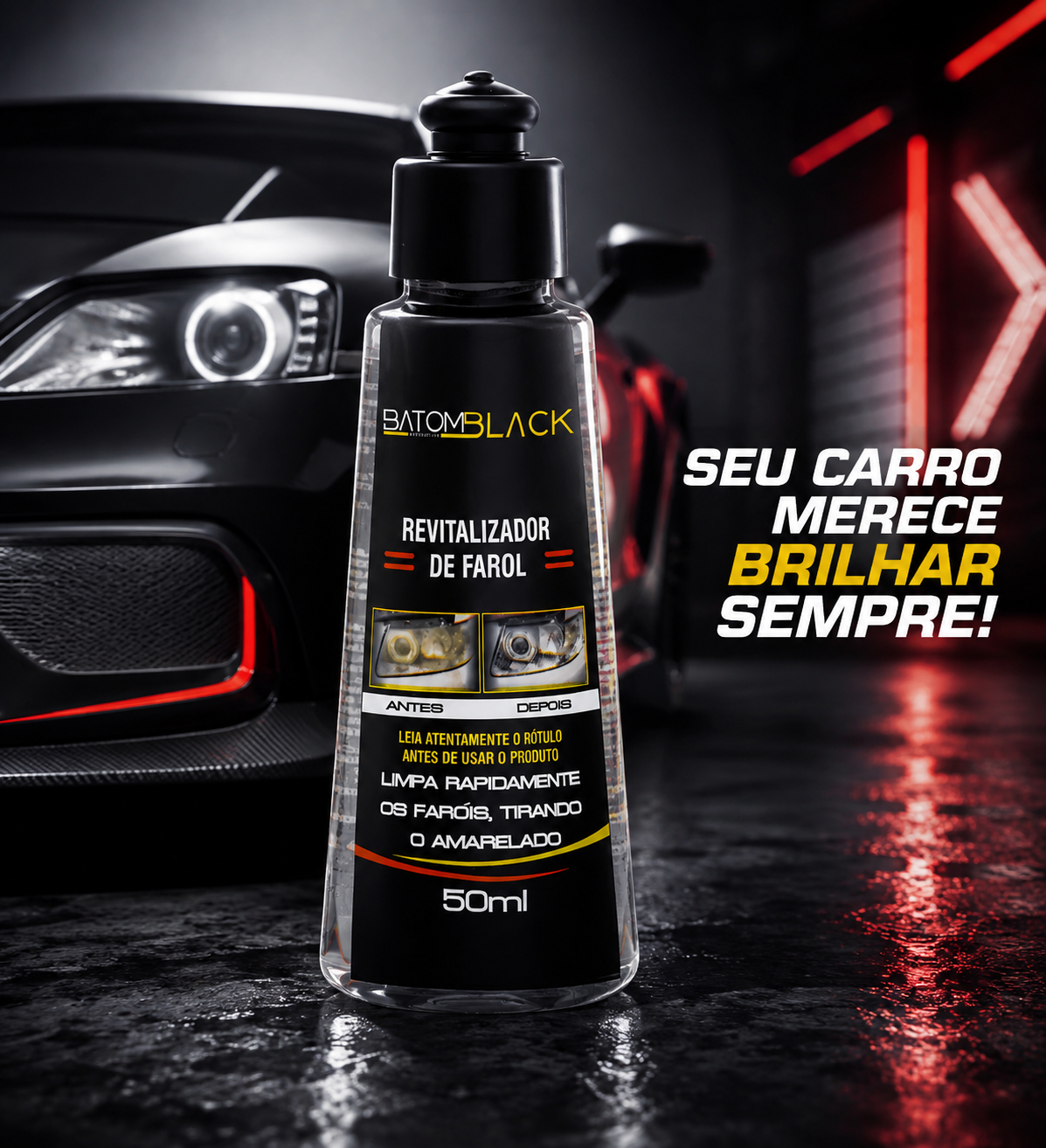 Frasco Batom Black Revitalizador de Farol 50ml com carro preto ao fundo